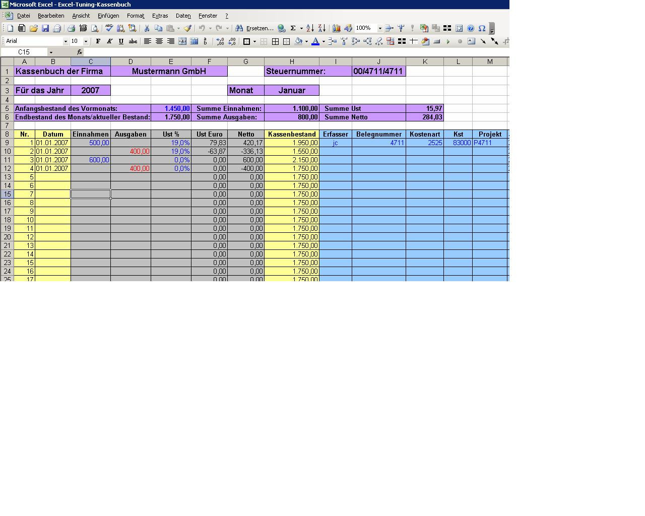 Cash book and cash accounting – MS Excel with invoice