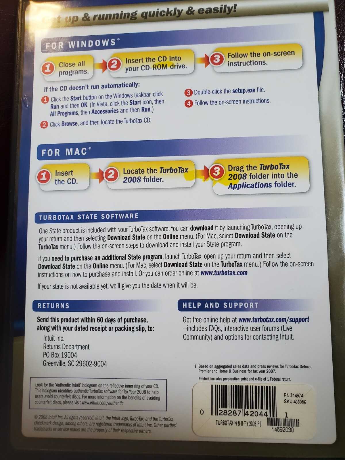 2008 TurboTax Home & Business Windows & Mac CD Federal & State returns. Intuit