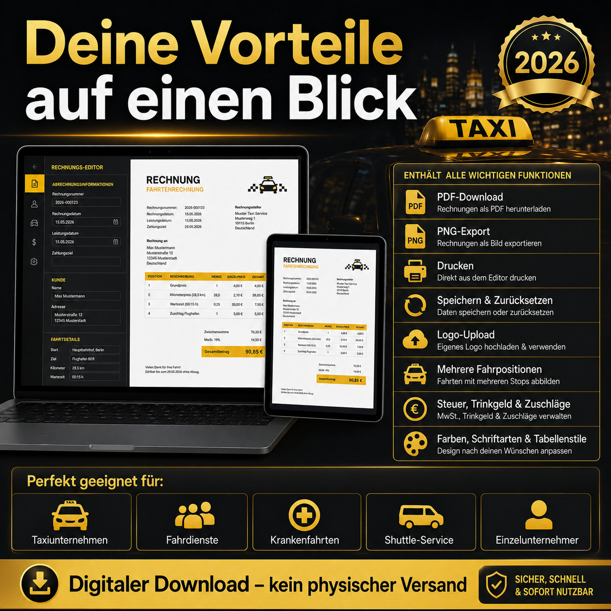 Taxi Invoice Generator Editor 2026 HTML Template PDF PNG Trip Invoice