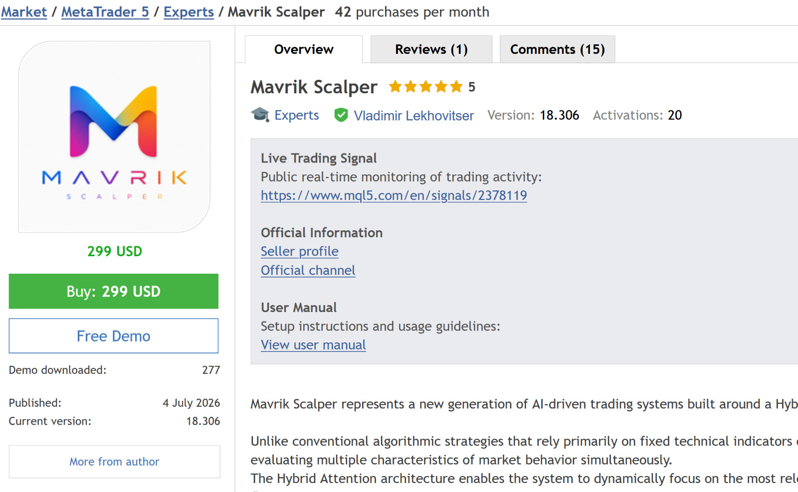 Mavrik Scalper EA Metatrader MT5 Forex Bot Trading Robot MQL5 Expert Advisor