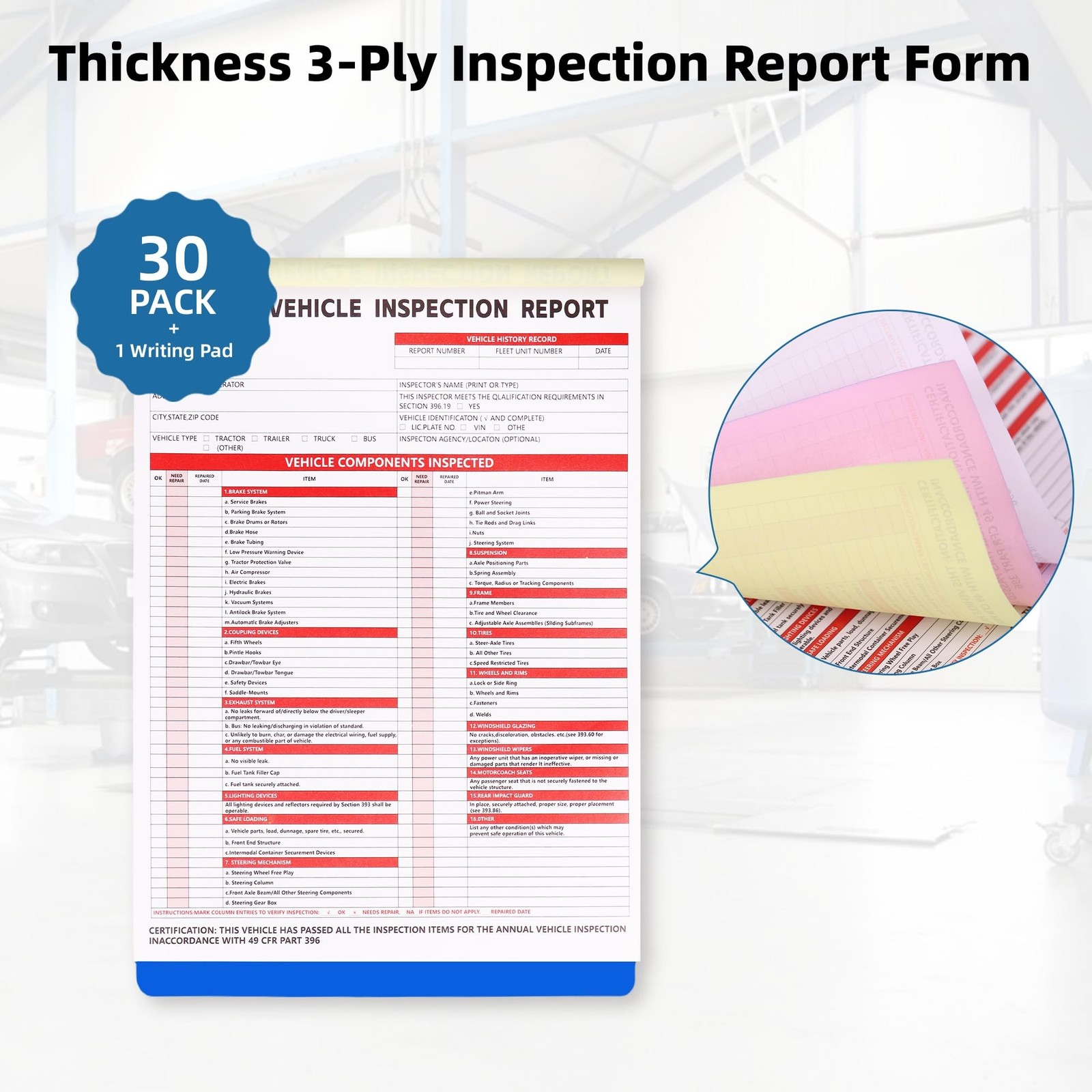 30-Pack Annual Vehicle Inspection Report Form, 3-Ply Carbonless Form and Hard…