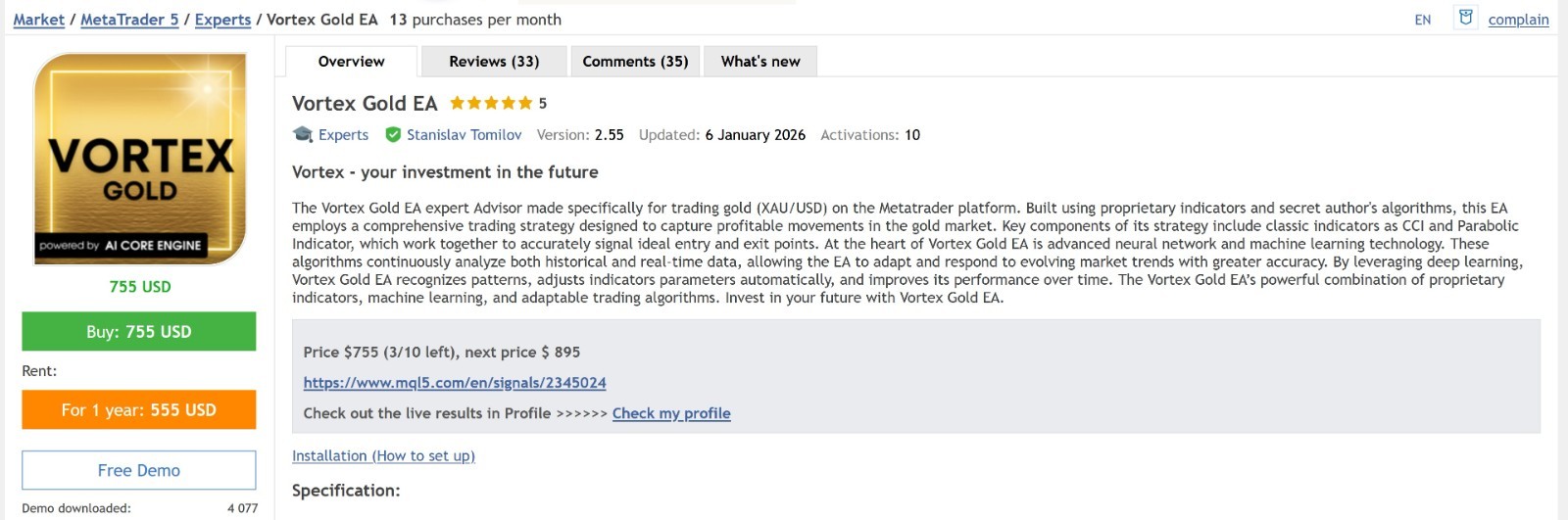 v3.1 Vortex Gold EA Metatrader MT5 Gold Bot Trading Robot MQL5 Expert Advisor