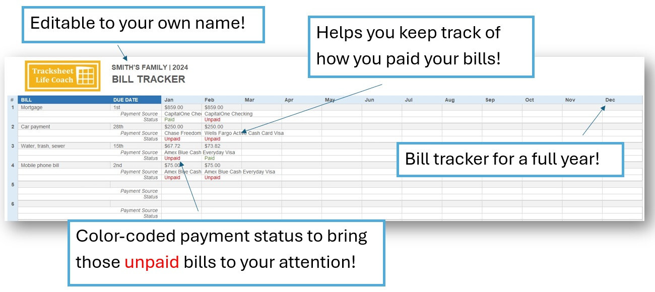 Bill Tracker – Monthly Tracker Worksheet (Excel) w/Instructions (DIGITAL ITEM)