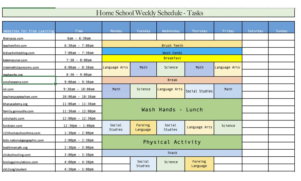 Homeschool Excel weekly Schedule Calendar Weekly Easy to Customize