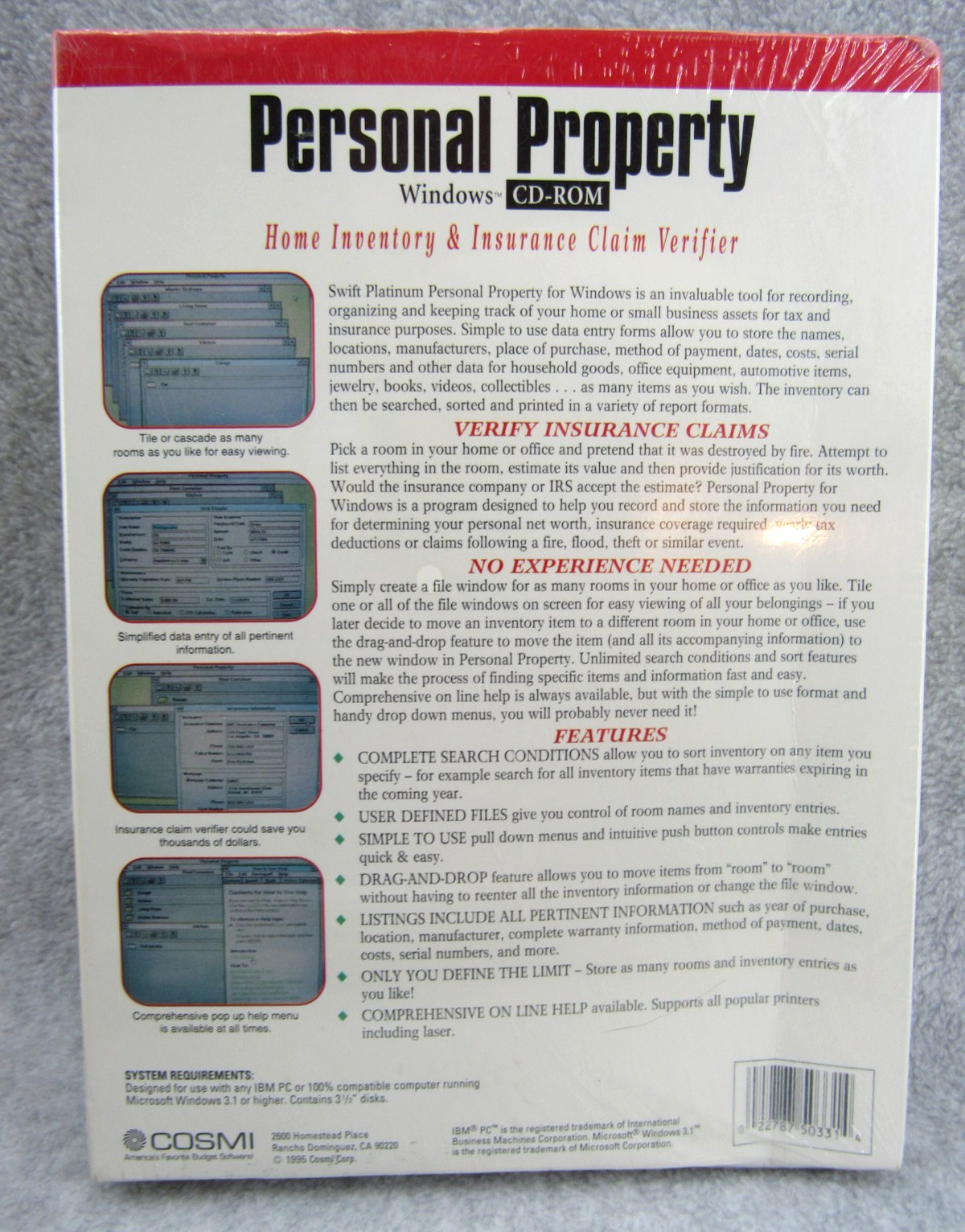 Personal Property Windows 3.1 95 CD-ROM Home Inventory Insurance Claim Verifier