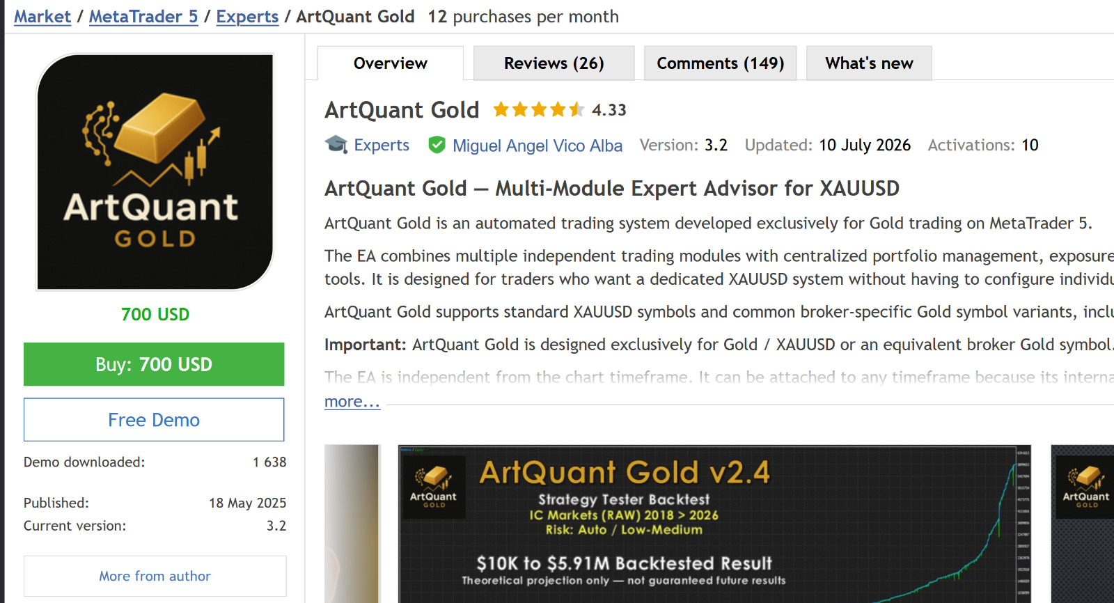 v3.2 Artquant Gold EA Metatrader MT5 Gold Bot Trading Robot MQL5