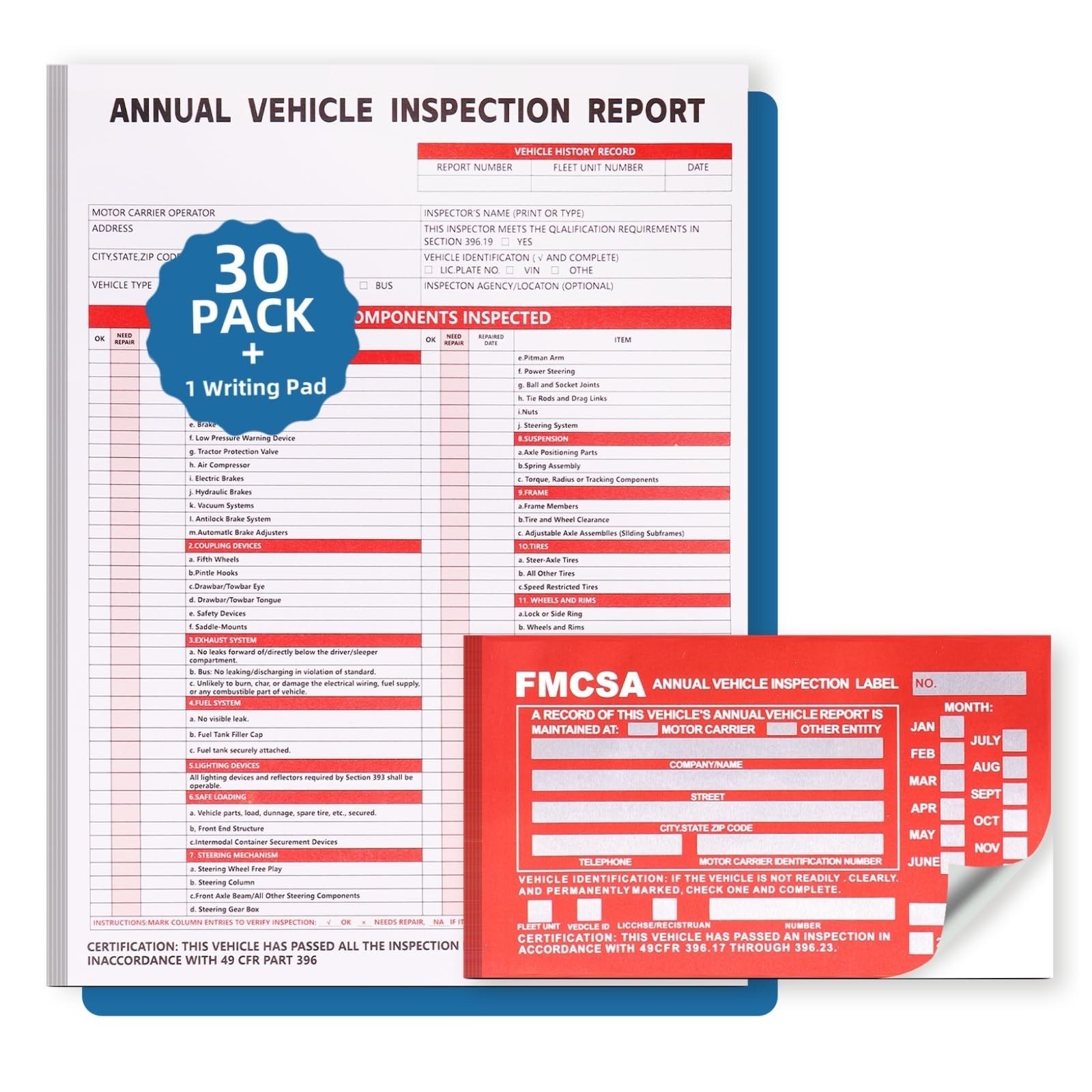 30-Pack Annual Vehicle Inspection Report Form, 3-Ply Carbonless Form and Hard…