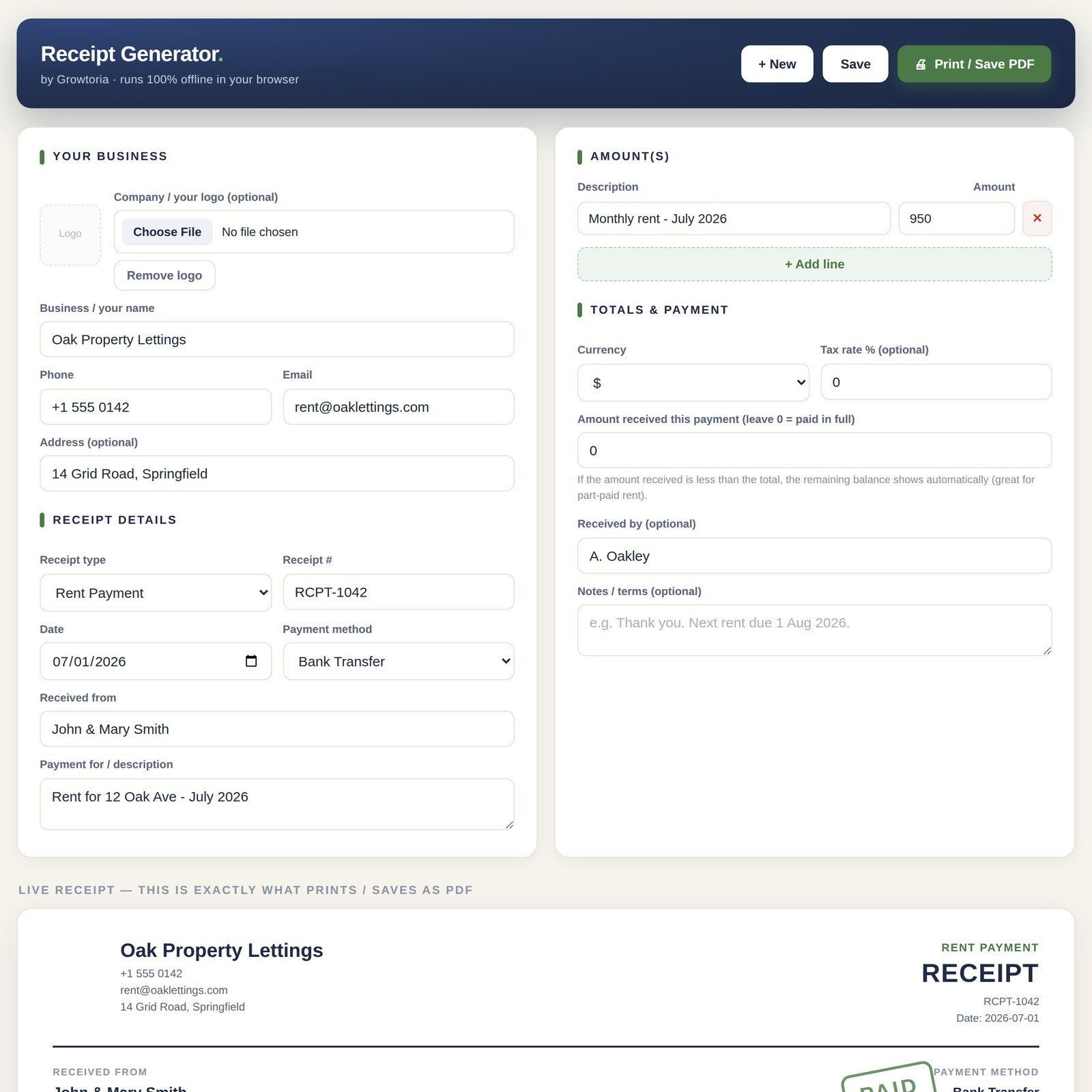 Receipt Generator Software Rent Cash Payment Receipt Maker App Landlord Business