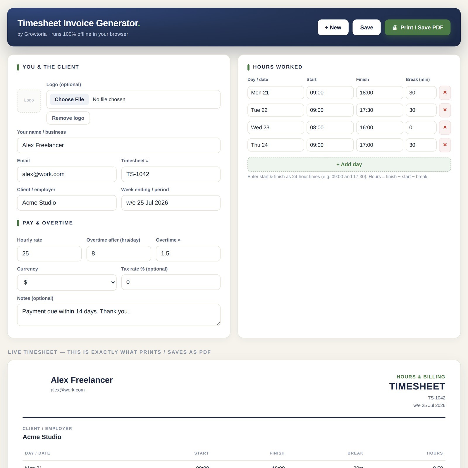 Timesheet Invoice Generator App Work Hours Overtime Pay Calculator Freelancer