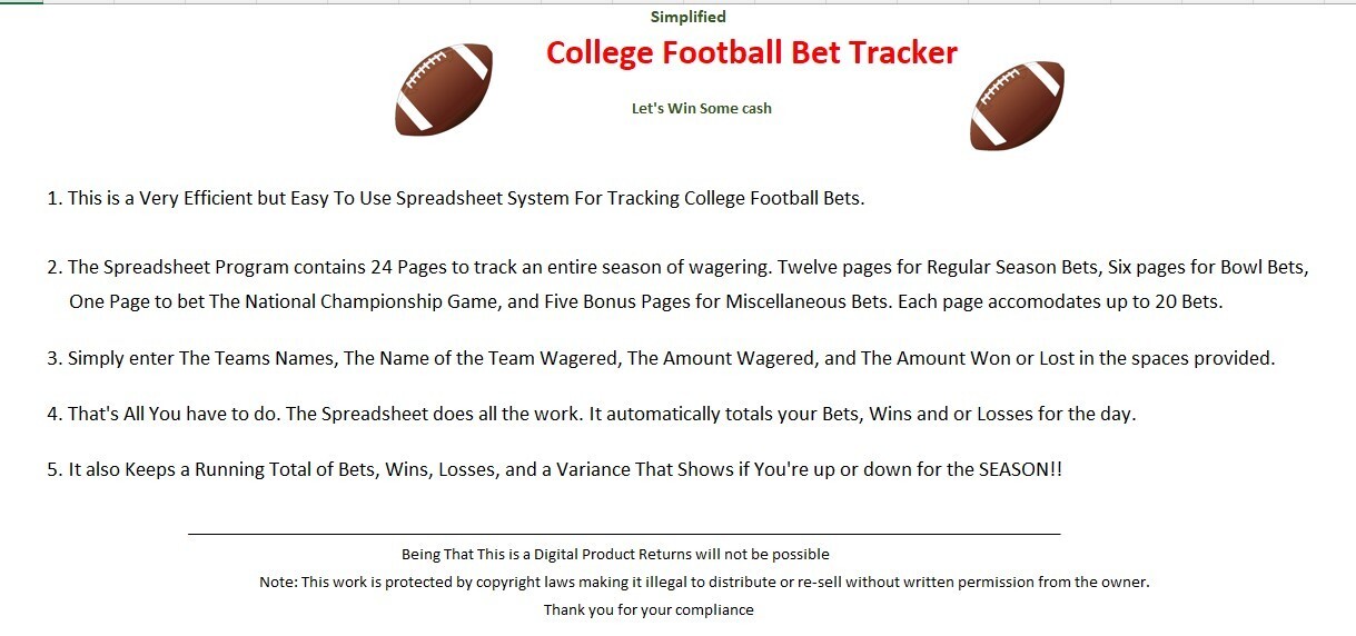 College Football Bet Tracker, Excel Spreadsheet PC or Android BOGO See Descript.
