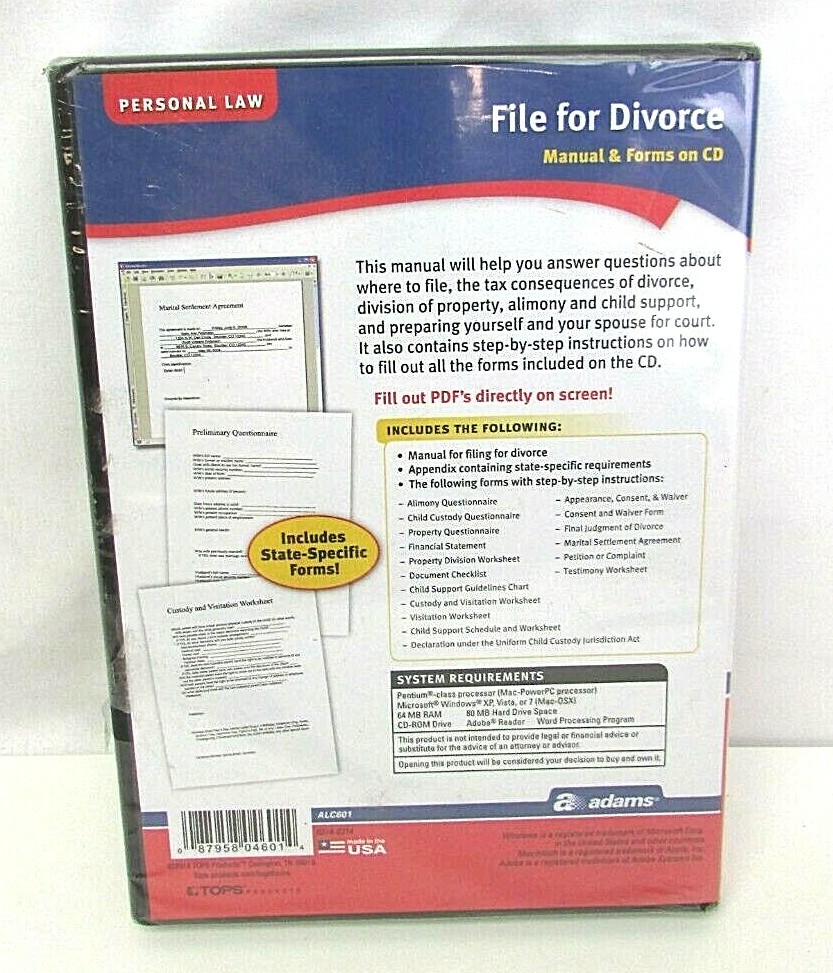 Adams Personal Law File For Divorce Manual & Forms CD NEW Windows Mac