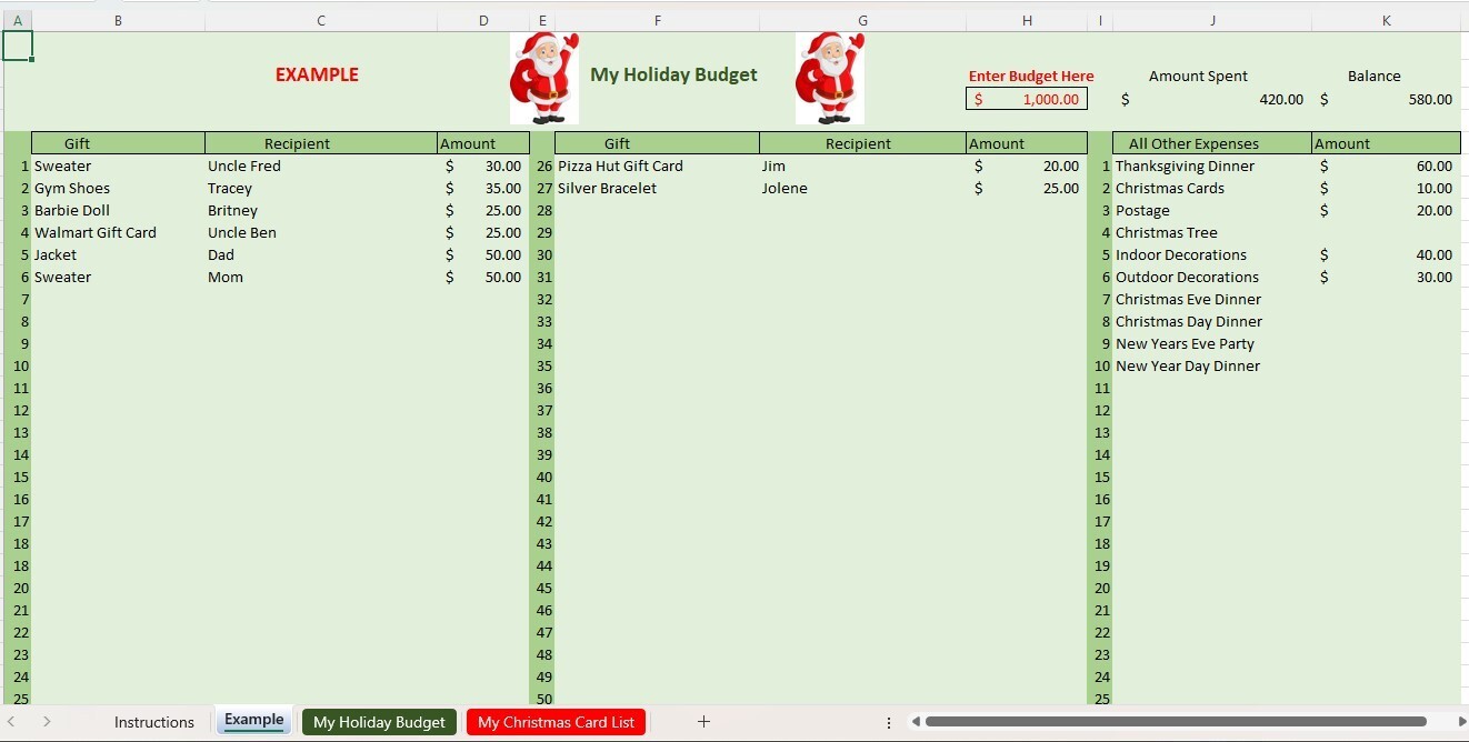 My Holiday Budget, Excel Spreadsheet, for PC or Android +Free Checkbook Register