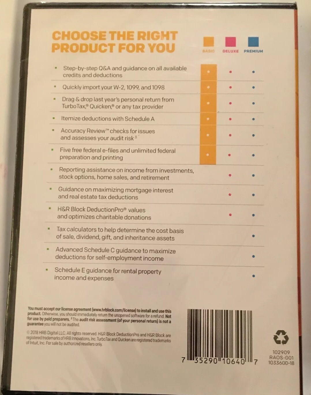 H&R Block Basic 2018 Simple Tax Situations Federal (yellow)