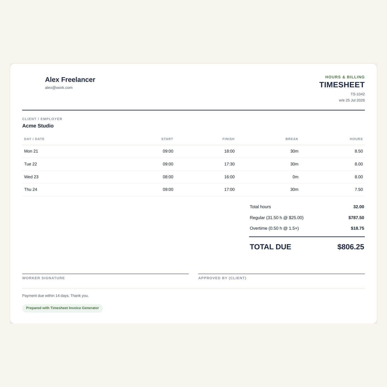 Timesheet Invoice Generator App Work Hours Overtime Pay Calculator Freelancer