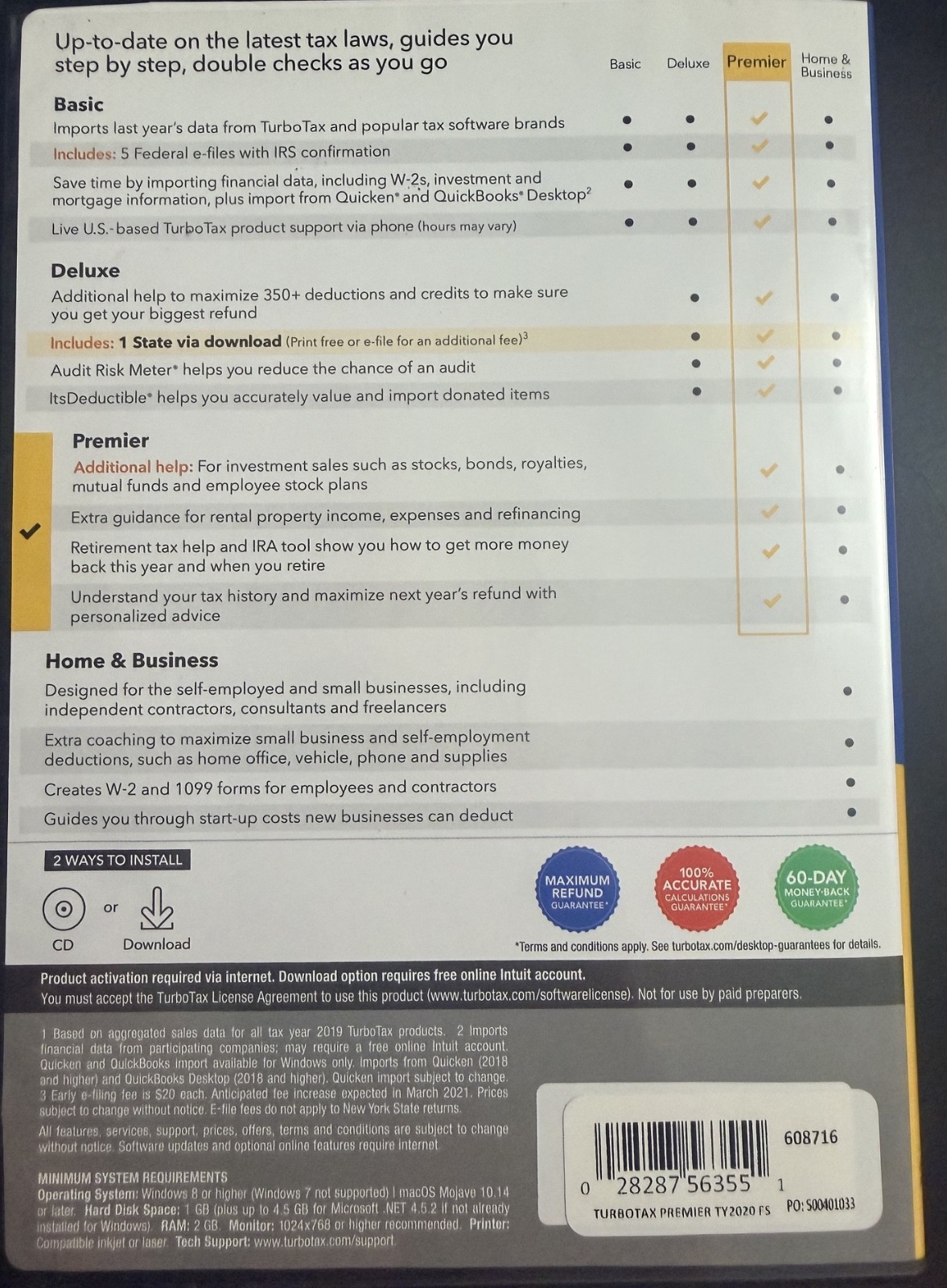 USED TurboTax Premier Federal + State 2020 CD for Windows and Mac