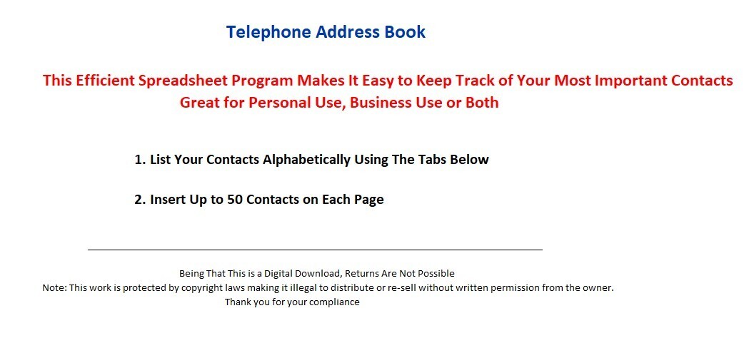 Telephone Address Book Excel Spreadsheet for PC or Android +FREE Checkbook Reg.