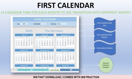 Excel Simple Customizable Automated First Calendar 2025 Scheduling