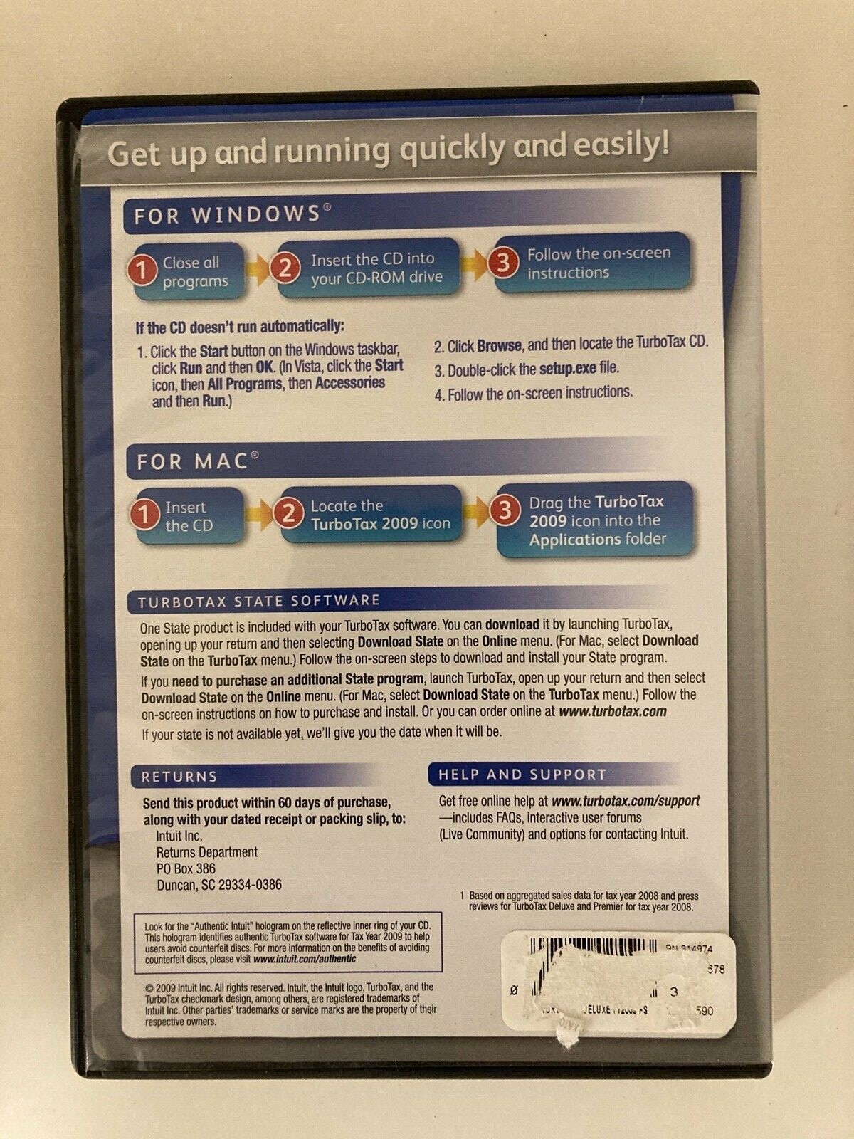 Intuit TurboTax Deluxe Federal & State Tax Year 2009 Software Program PC Mac