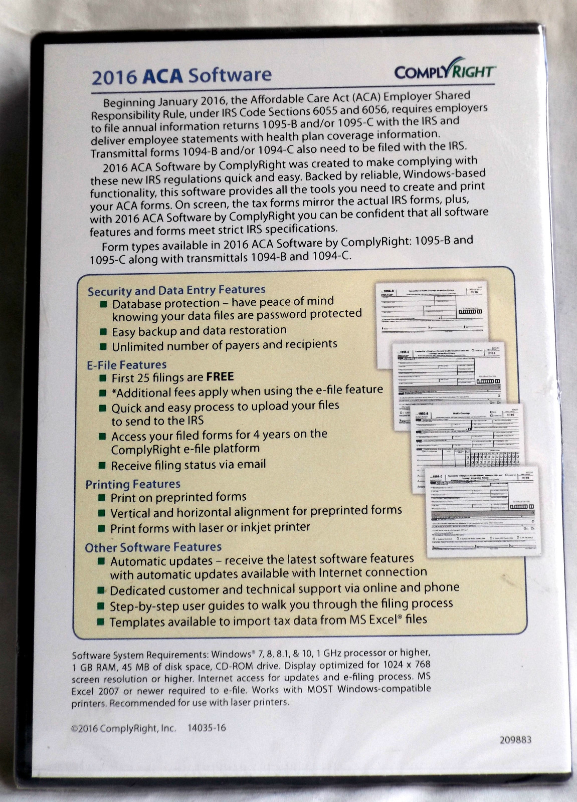 ACA SOFTWARE 2016 (IRS Forms:1094-B,1094-C,1095-B,1095-C) 25 FREE FILINGS >NEW<